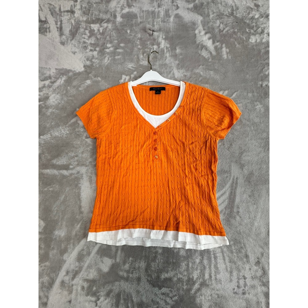 Cest City Orange‎ Cable Knit Button Front Layered Look Top XL